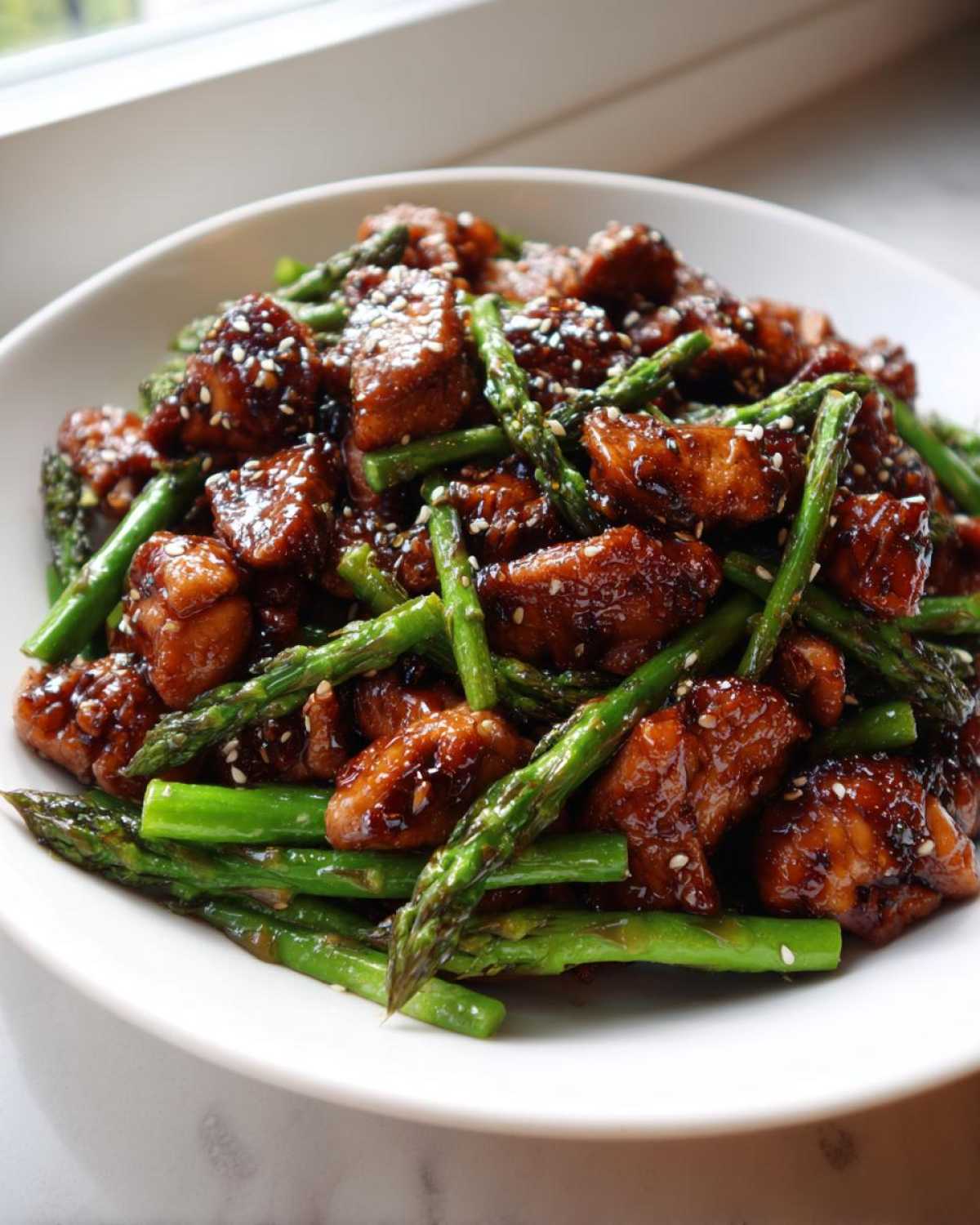 Kawałki kurczaka w sosie teriyaki z zielonymi szparagami posypane sezamem – Kurczak Teriyaki ze szparagami i sezamem.