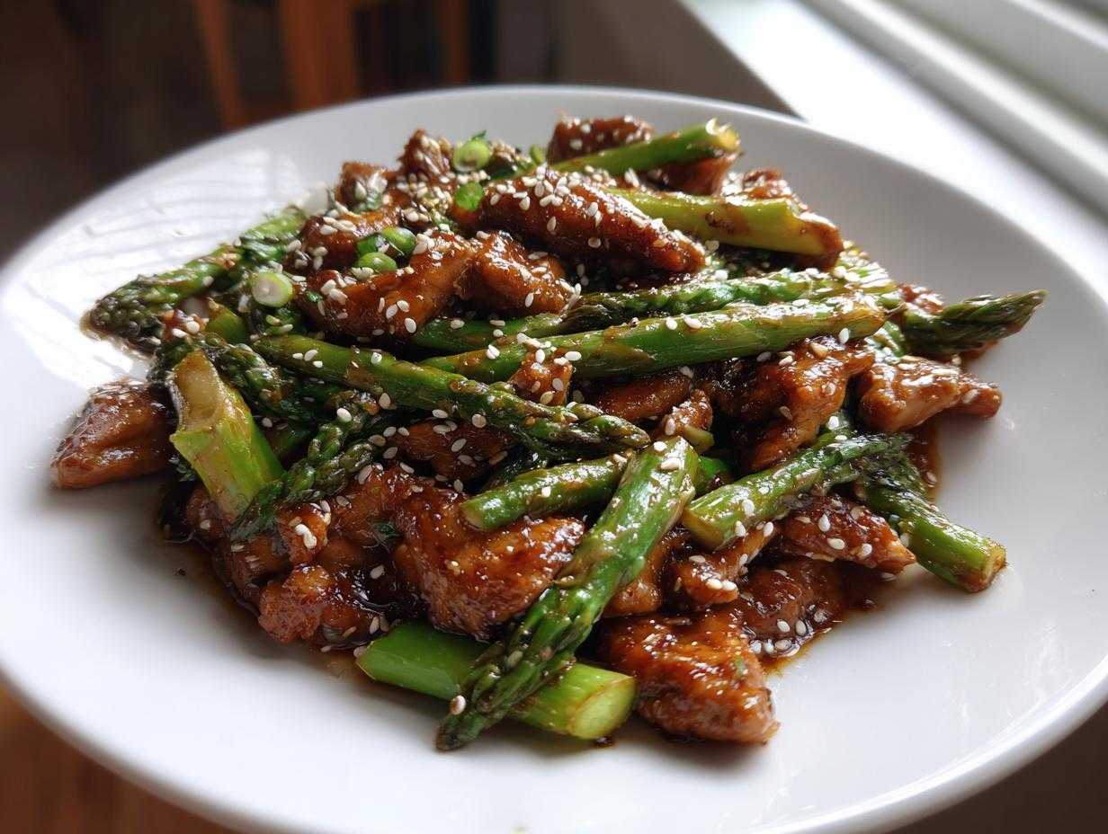 Zbliżenie na porcję Kurczak Teriyaki ze szparagami i sezamem, polane sosem.