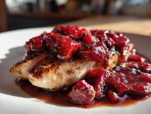 Zbliżenie na kawałek grillowanego kurczaka polany gęstym, czerwonym sosem z kawałkami truskawek - Kurczak w sosie z truskawek i octu balsamicznego.