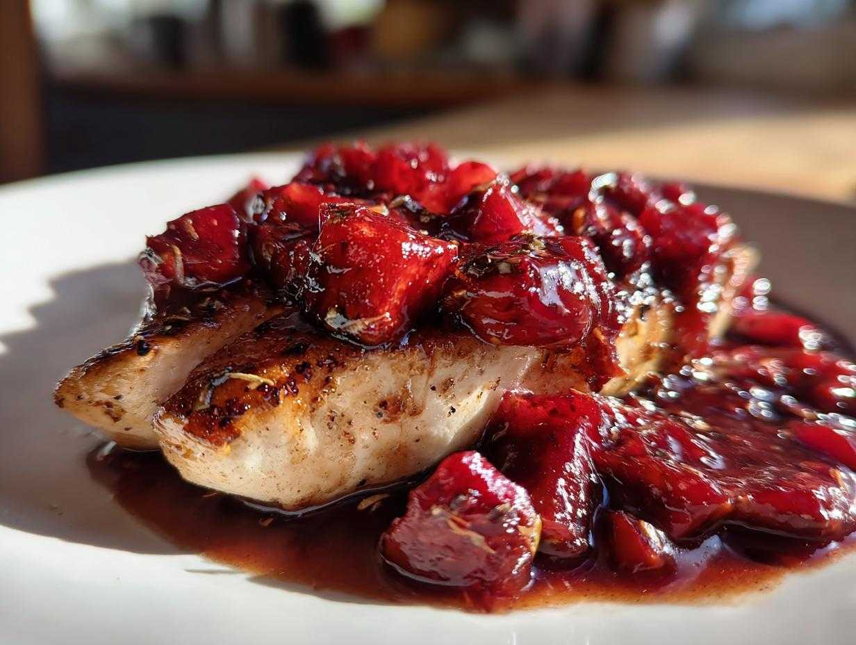 Zbliżenie na kawałek grillowanego kurczaka polany gęstym, czerwonym sosem z kawałkami truskawek - Kurczak w sosie z truskawek i octu balsamicznego.