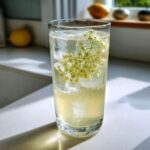 Szklanka Lemoniada z kwiatów bzu i cytryny z lodem i gałązką kwiatów bzu.