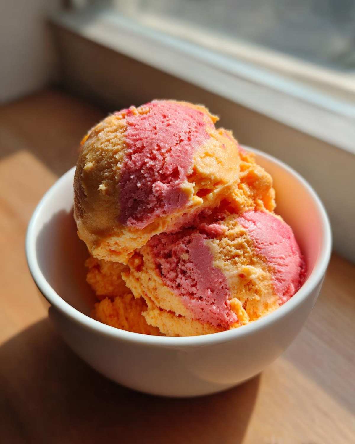 Dwie gałki sorbetu, mieszanka pomarańczowego mango i różowej truskawki, w białej miseczce.