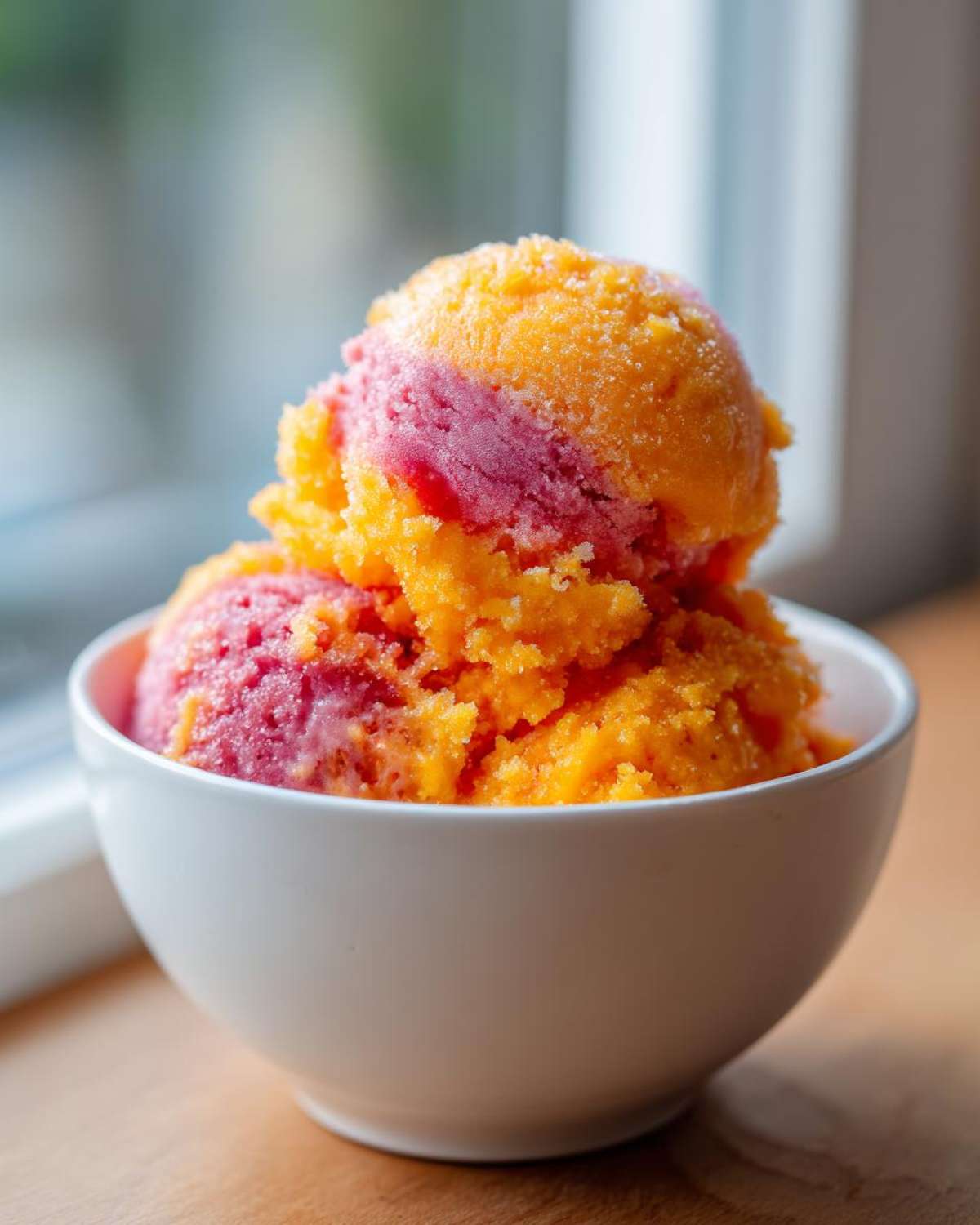 Dwie gałki mrożonego sorbetu – pomarańczowego (mango) i różowego (truskawka) – w białej miseczce.