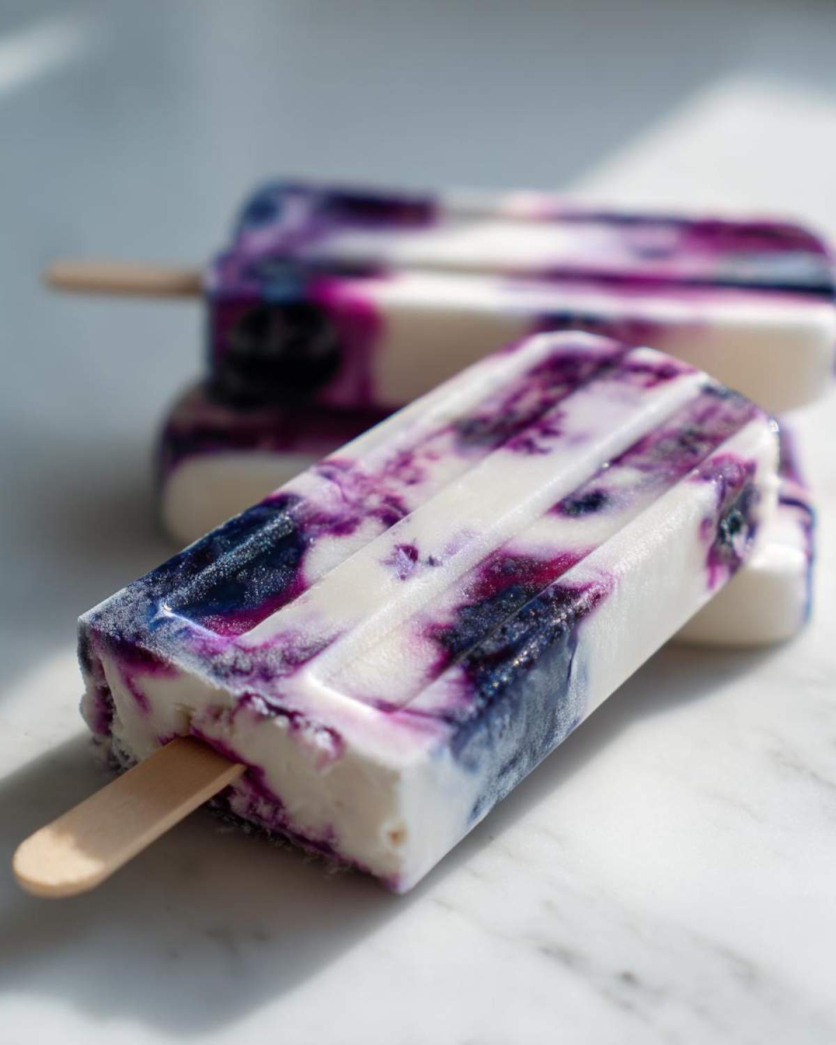 Zbliżenie na lody na patyku z jogurtu i jagód, z widocznymi fioletowymi smugami na białej bazie.