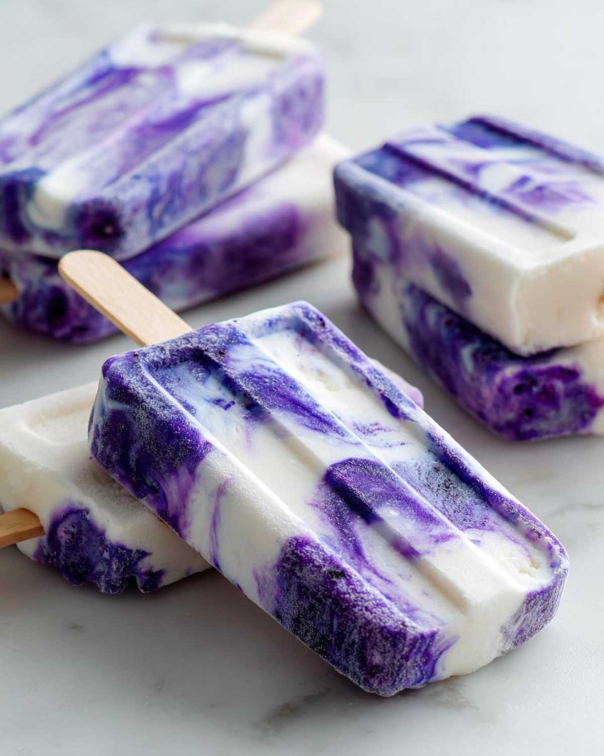 Zbliżenie na mrożone lody na patyku z jogurtu i jagód o marmurkowym, fioletowo-białym wzorze.