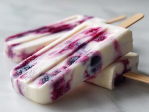 Zbliżenie na domowe lody na patyku z jogurtu i jagód, z widocznymi smugami fioletowych owoców.