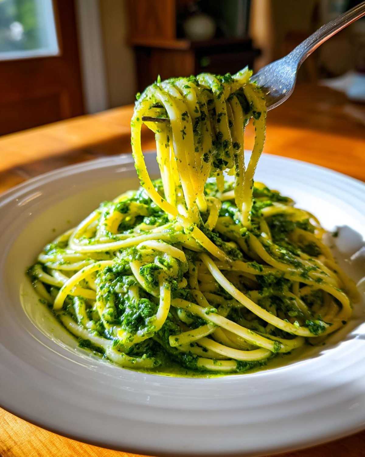 Widelec nabierający makaron obficie polany intensywnie zielonym Pesto z liści rzodkiewki.