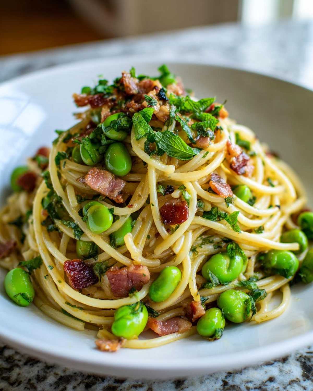 Zbliżenie na talerz pełen makaronu spaghetti z szeroką fasolką (bób), chrupiącym boczkiem i świeżą miętą.