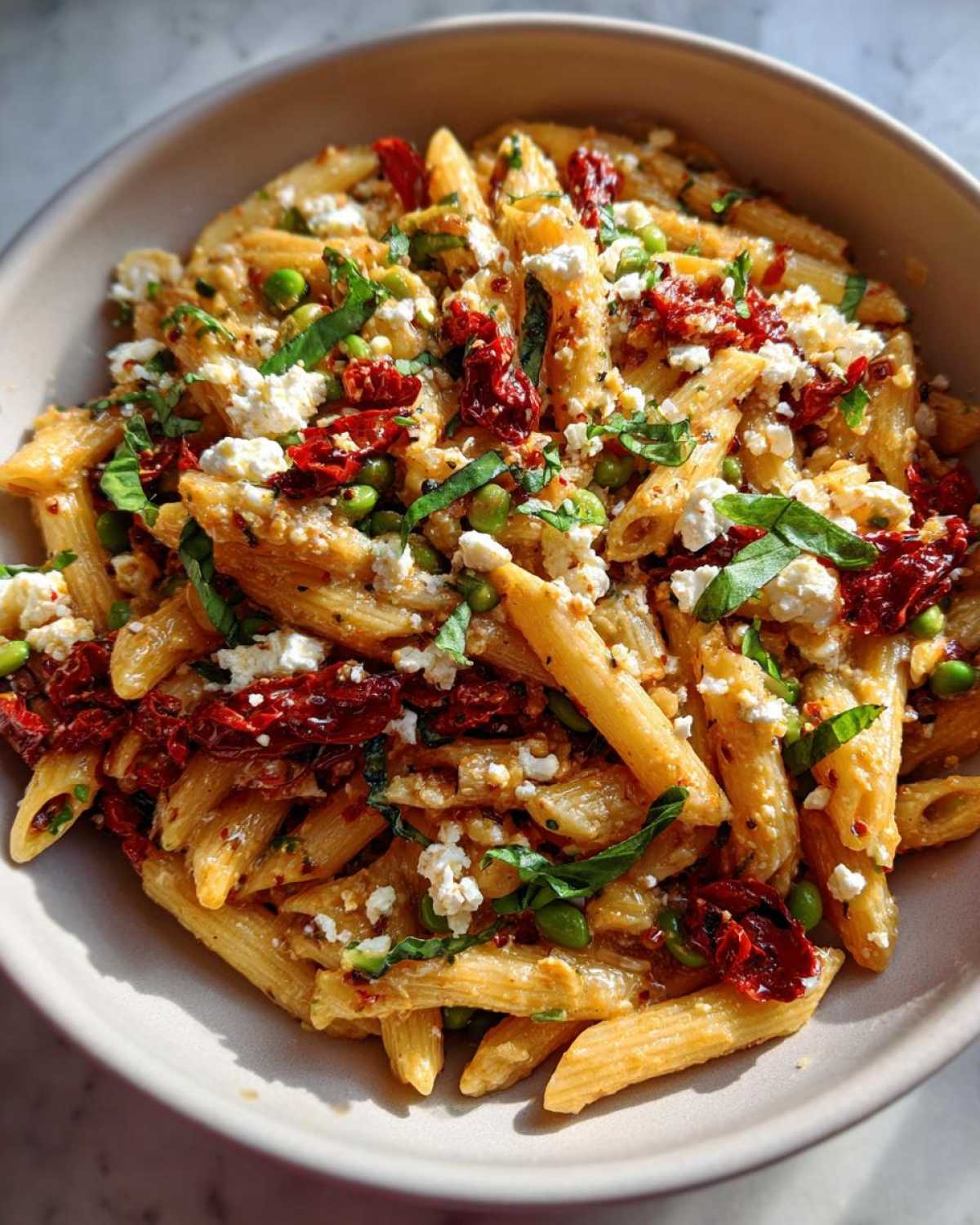 Miseczka makaronu penne z bobem, suszonymi pomidorami i serem feta, czyli Makaron z bobem suszonymi pomidorami i fetą.