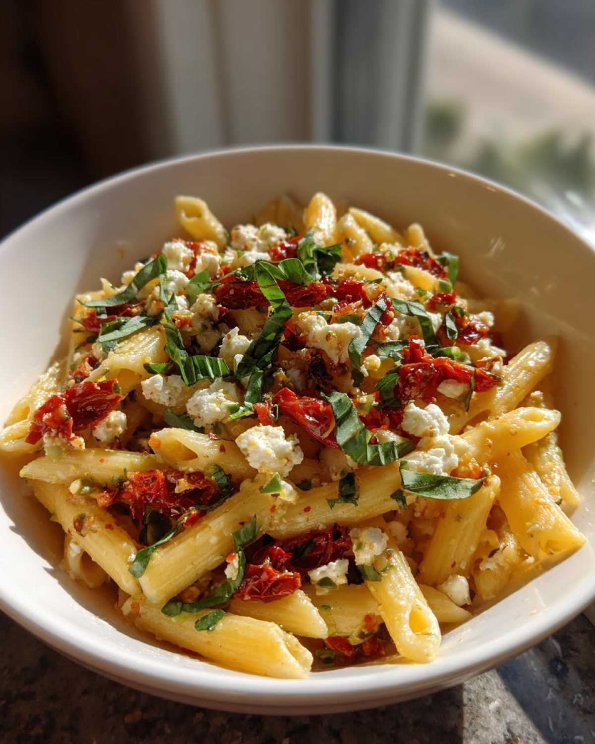 Miseczka makaronu penne z serem feta, suszonymi pomidorami i bazylią, czyli Makaron z bobem suszonymi pomidorami i fetą.