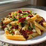 Talerz pełen makaronu penne z bobem, suszonymi pomidorami i fetą, idealny Makaron z bobem suszonymi pomidorami i fetą.