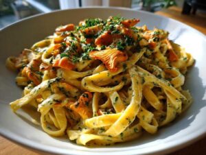 Zbliżenie na talerz pełen makaronu tagliatelle z kurkami w kremowym sosie śmietanowym i posiekaną natką pietruszki.