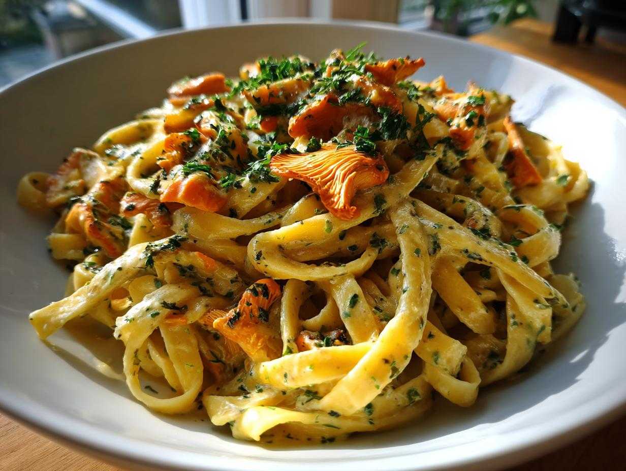 Zbliżenie na talerz pełen makaronu tagliatelle z kurkami w kremowym sosie śmietanowym i posiekaną natką pietruszki.