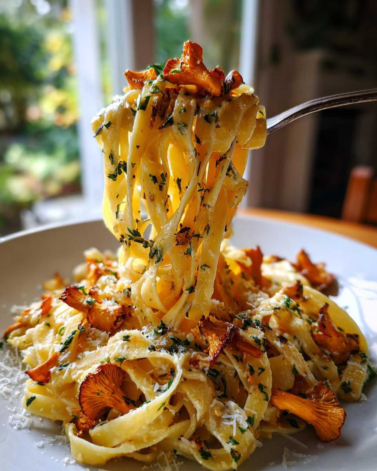 Łosoś makaronu tagliatelle podnoszony widelcem, z kurkami i sosem śmietanowym, idealny Makaron z kurkami w sosie śmietanowym.