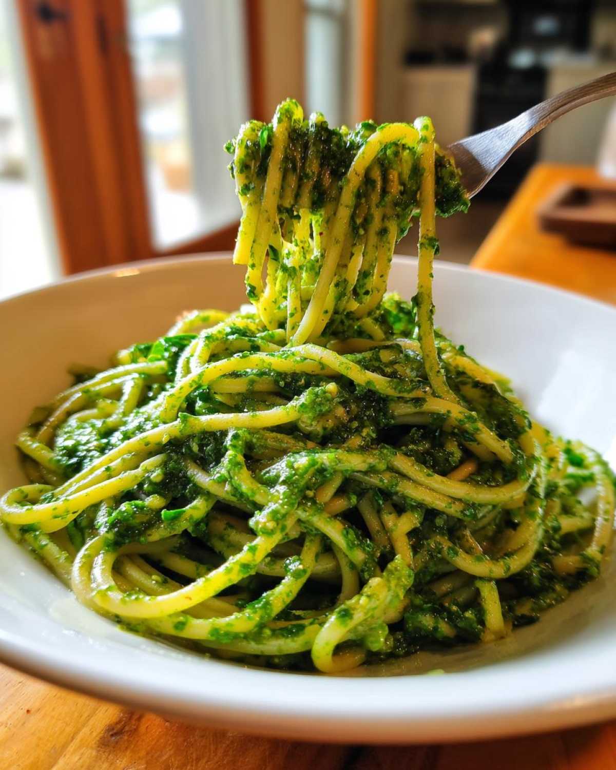 Widelec podnosi porcję makaronu obficie polanego intensywnie zielonym Pesto z liści rzodkiewki.