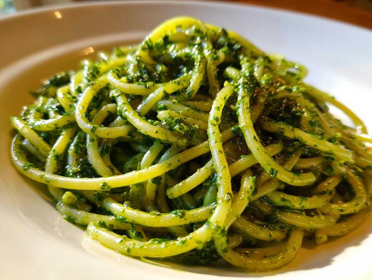 Zbliżenie na talerz makaronu spaghetti obficie polanego intensywnie zielonym Pesto z liści rzodkiewki.
