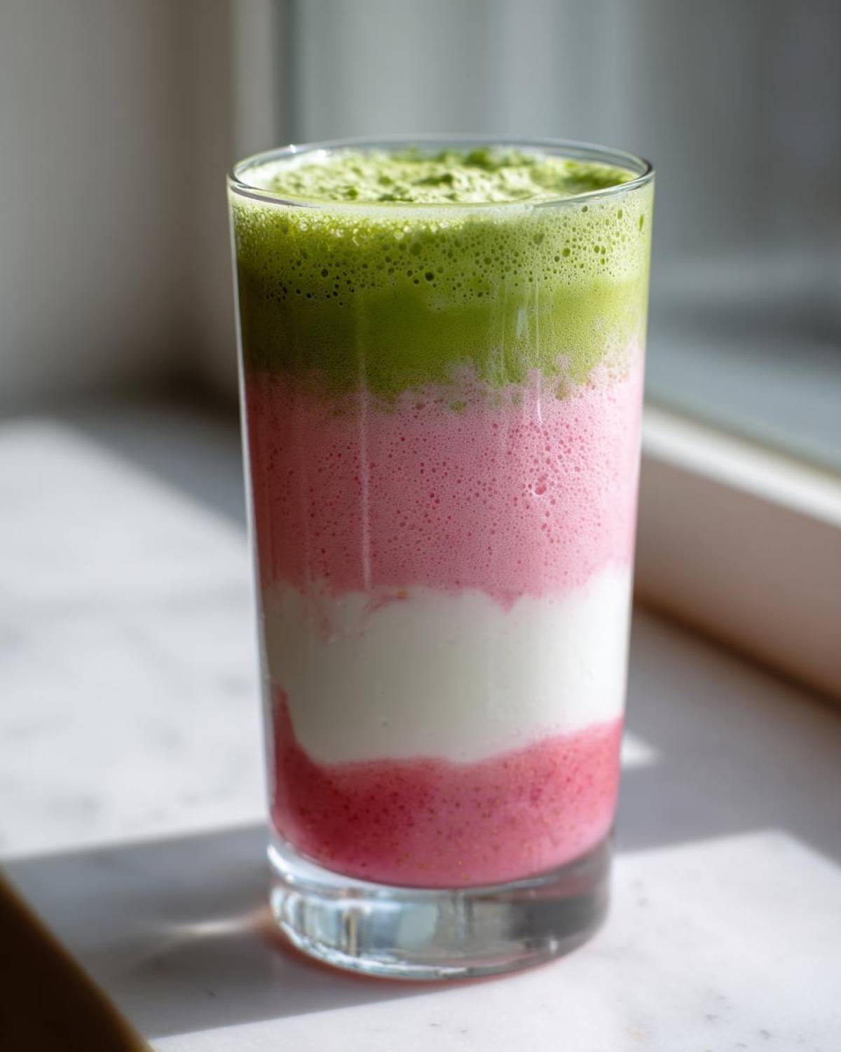 Warstwowe Matcha latte z musem truskawkowym w szklance, z zieloną pianką matcha na górze.