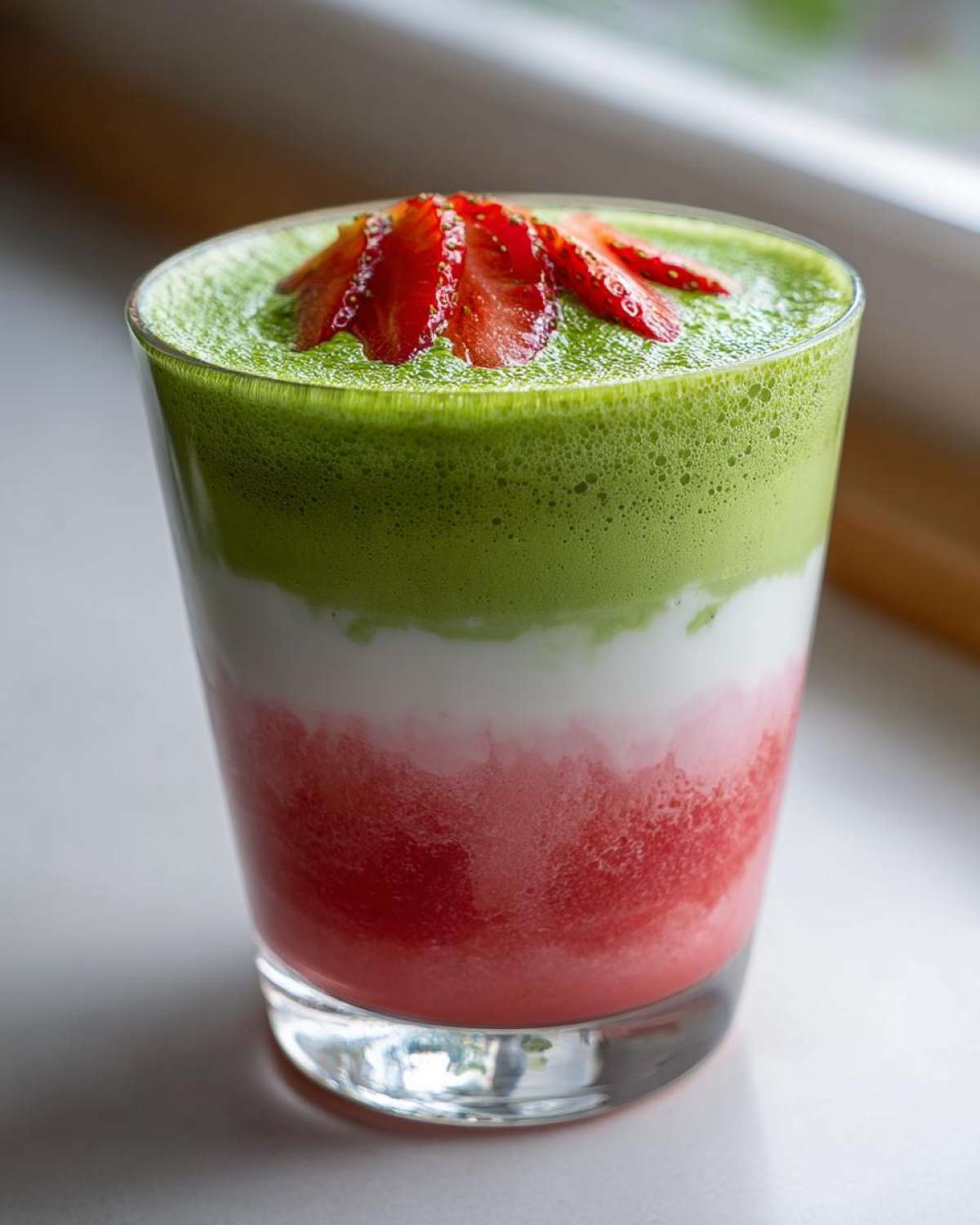 Warstwowe Matcha latte z musem truskawkowym w szklance, udekorowane plasterkami truskawek.