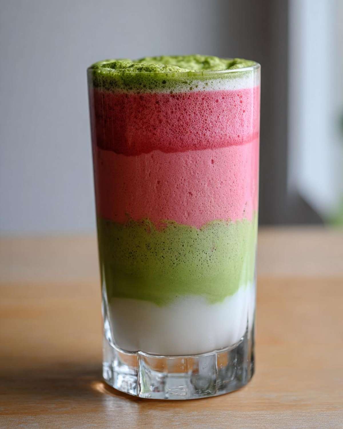Warstwowe Matcha latte z musem truskawkowym w szklance, pokazujące zieloną, różową i białą piankę.