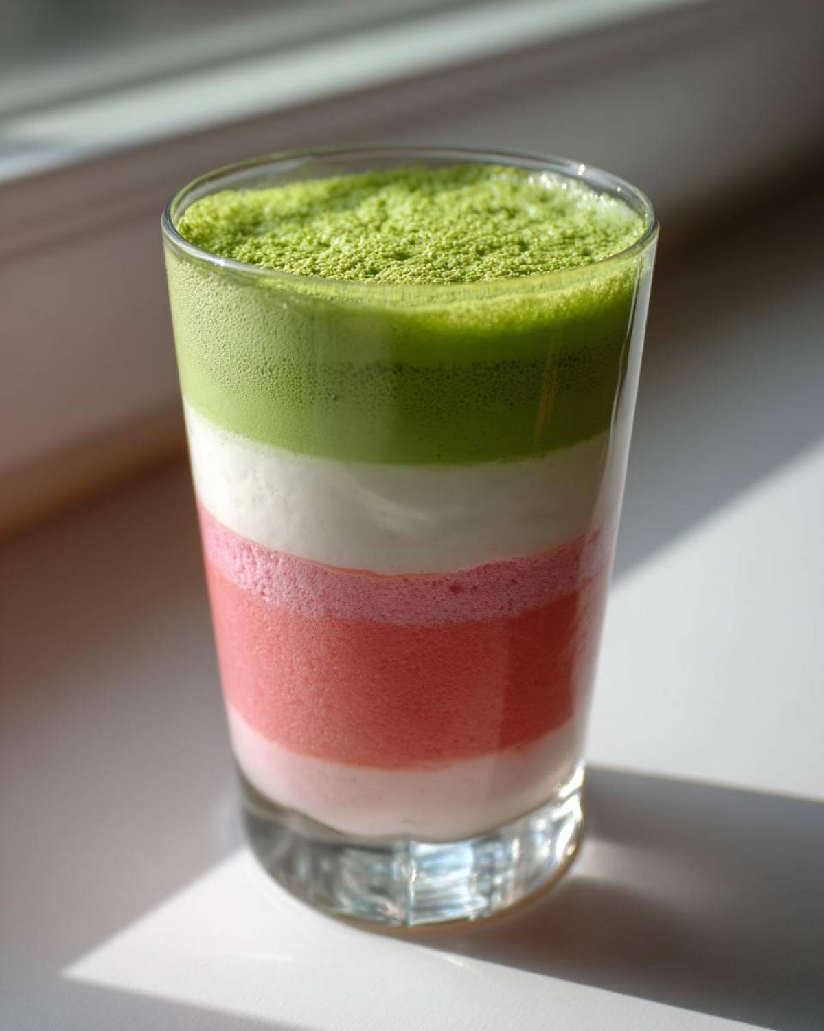 Warstwowe Matcha latte z musem truskawkowym w szklance, z zieloną pianką matcha na wierzchu.