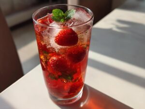 Szklanka orzeźwiającej mrożonej herbaty z truskawkami i hibiskusem, lodem i miętą.
