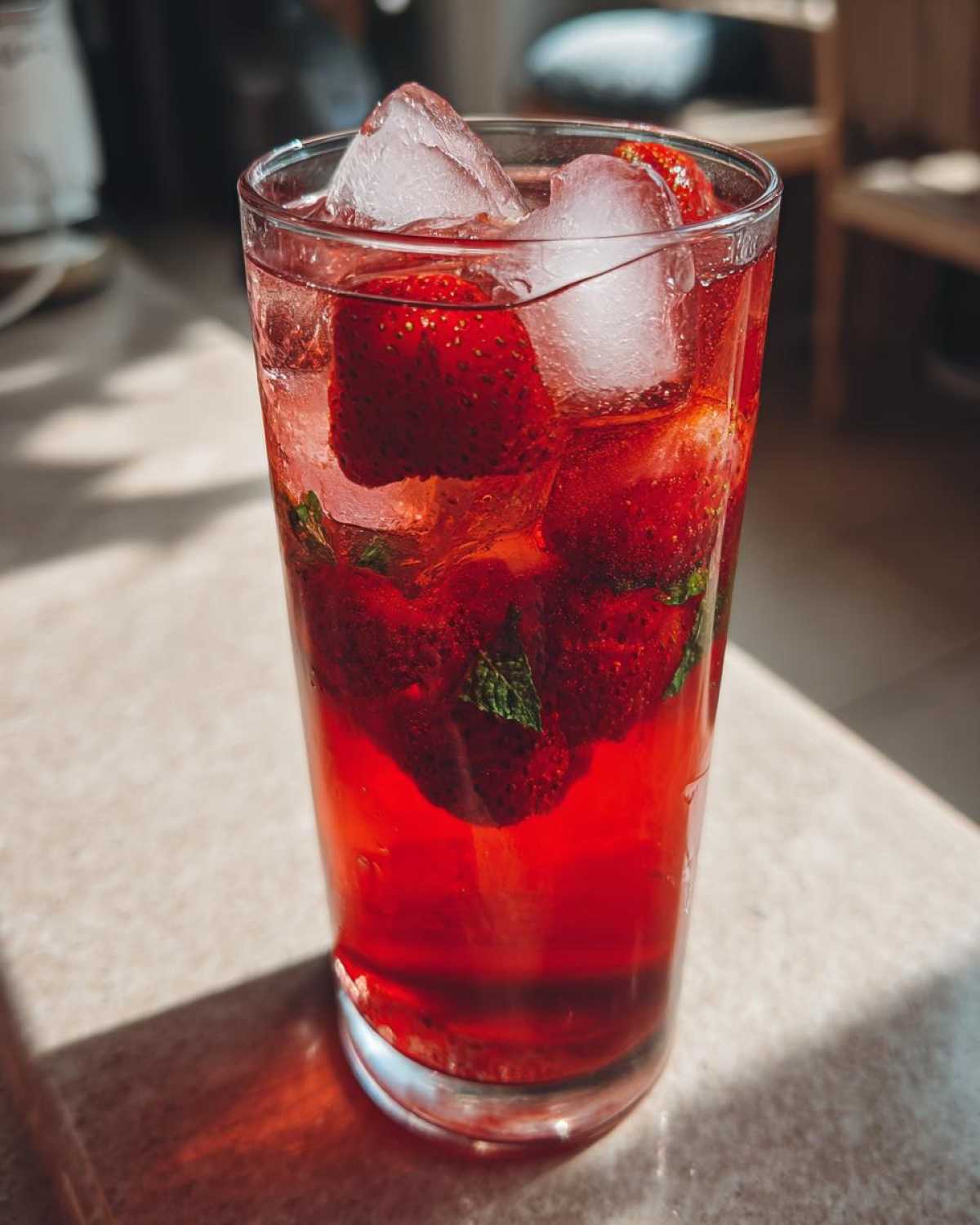 Szklanka mrożona herbata z truskawkami i hibiskusem, wypełniona lodem i świeżymi truskawkami.