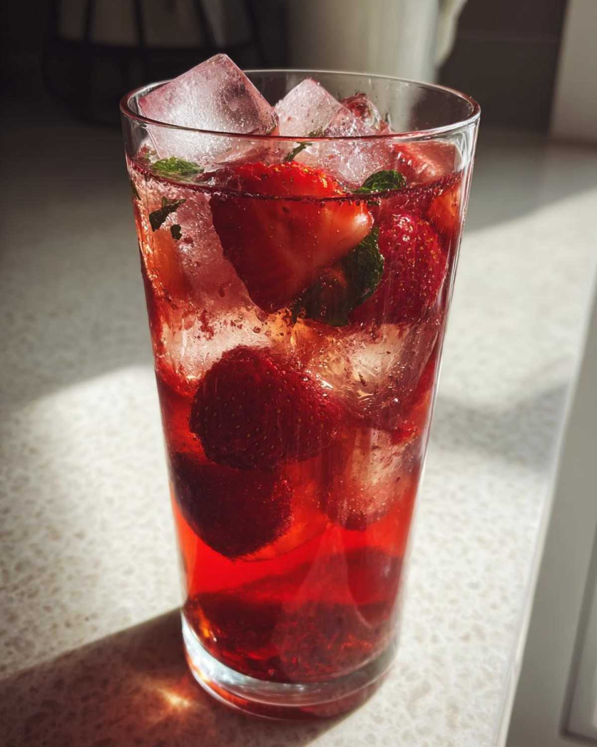 Szklanka z mrożoną herbatą z truskawkami i hibiskusem, lodem i listkami mięty.