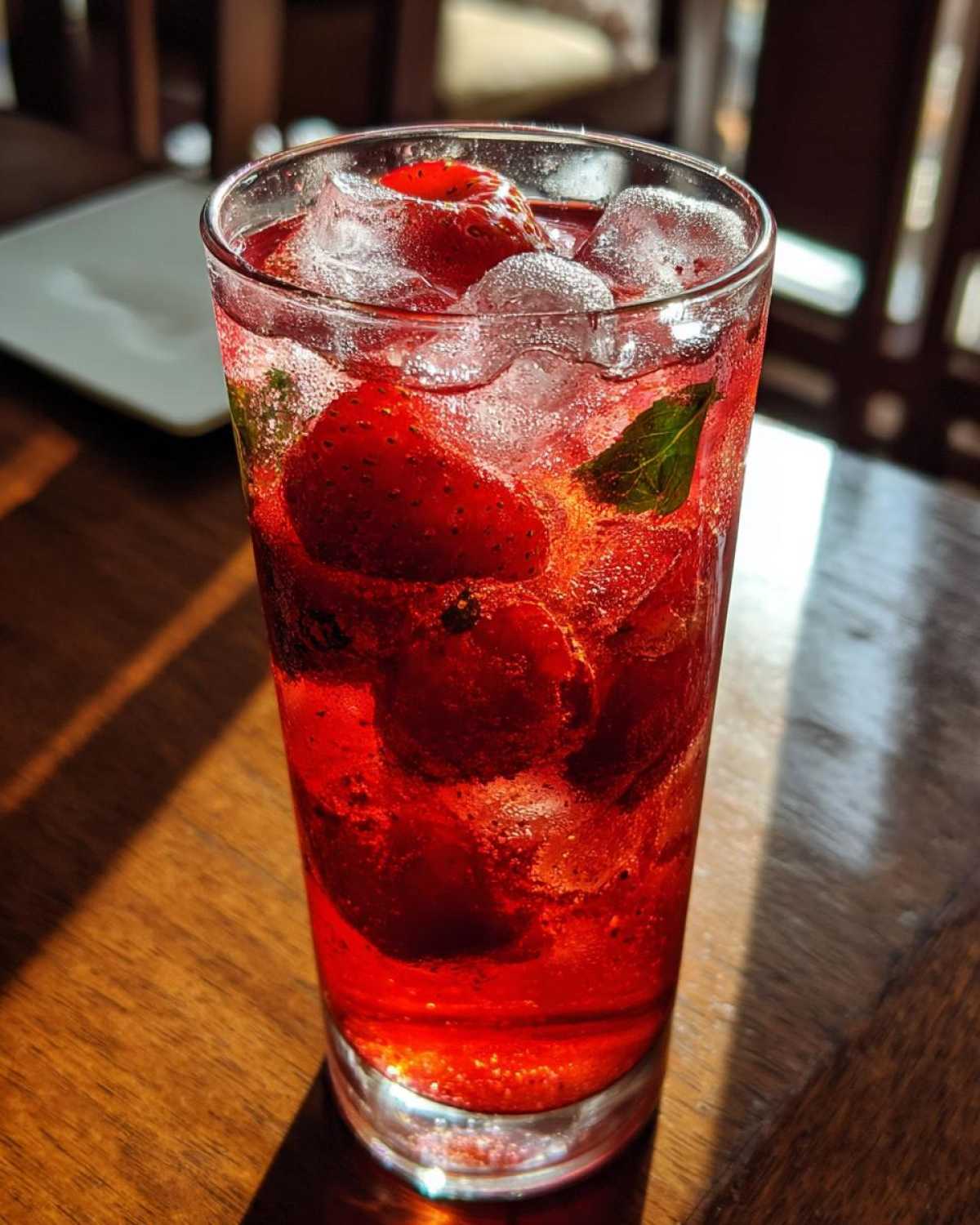 Szklanka mrożona herbata z truskawkami i hibiskusem wypełniona lodem i świeżymi truskawkami na drewnianym stole.