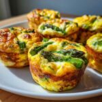 Zbliżenie na kilka puszystych muffinek jajecznych ze szparagami i serem na białym talerzu.