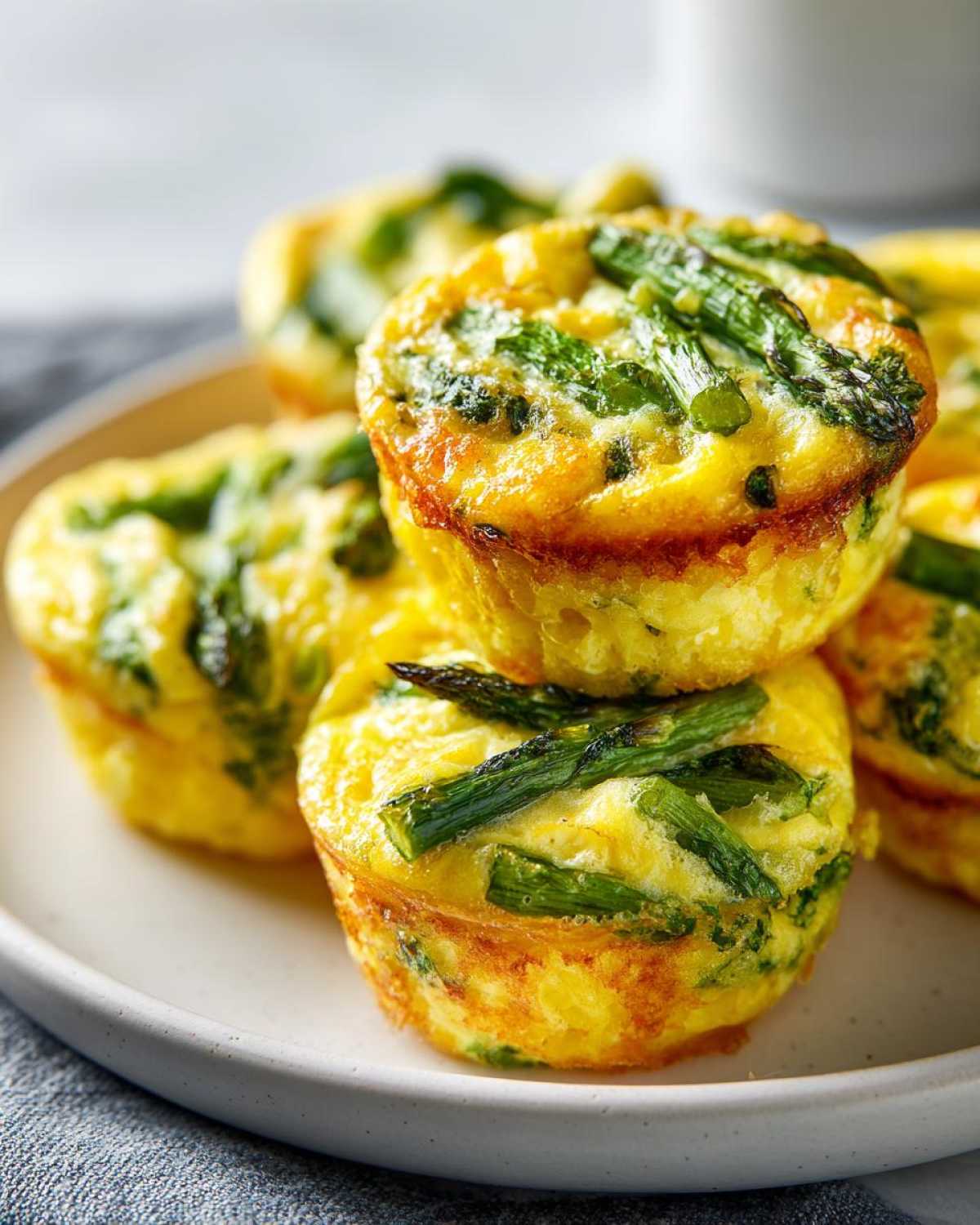 Zbliżenie na stos puszystych muffinek jajecznych ze szparagami i serem na jasnym talerzu.
