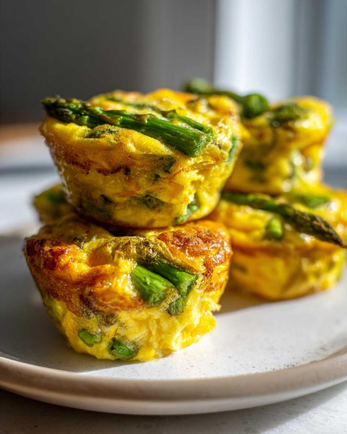 Zbliżenie na stos puszystych muffinek jajecznych ze szparagami i serem na jasnym talerzu.