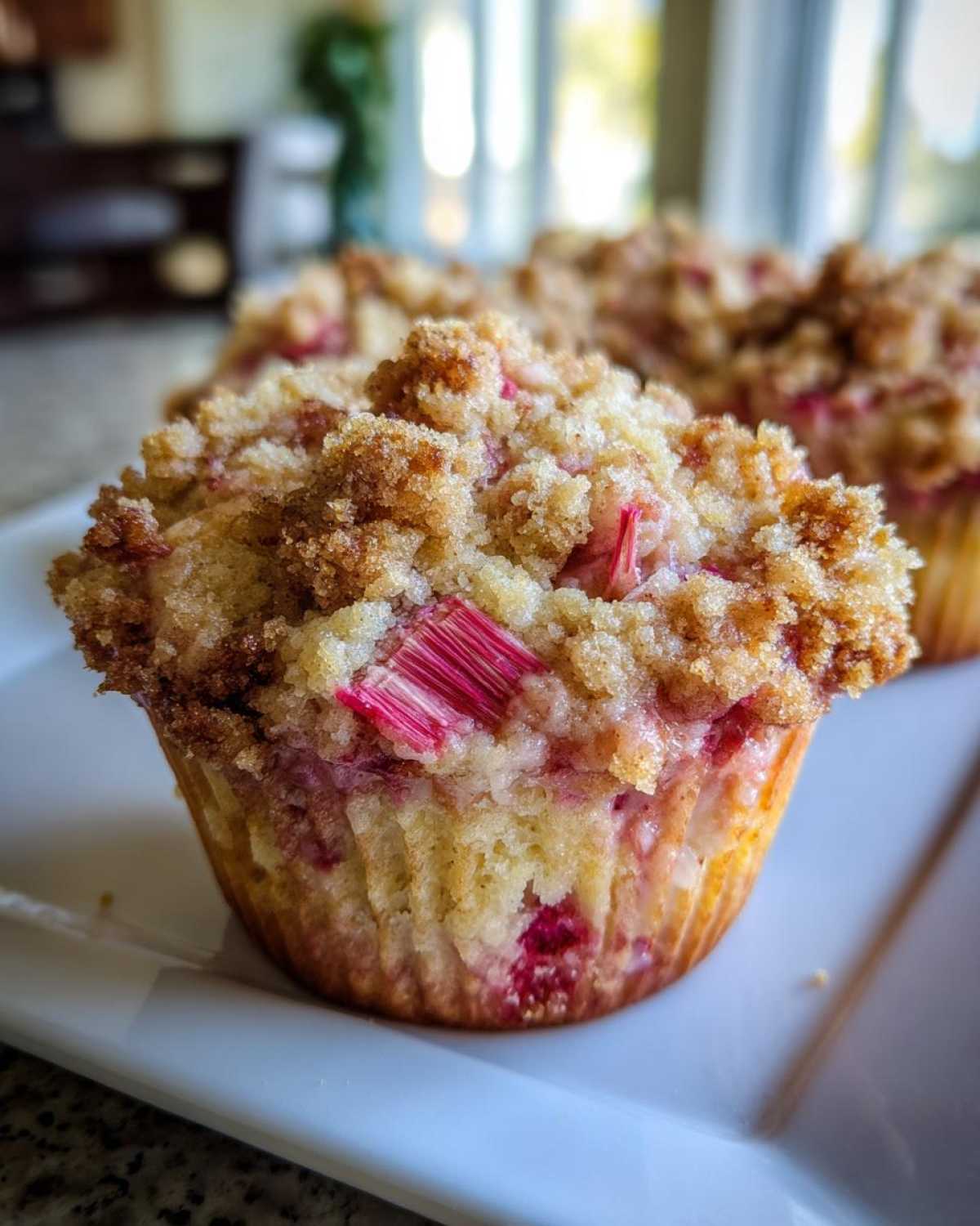 Zbliżenie na jedną z muffinek z rabarbarem i kruszonką, widoczne kawałki rabarbaru i chrupiąca posypka.