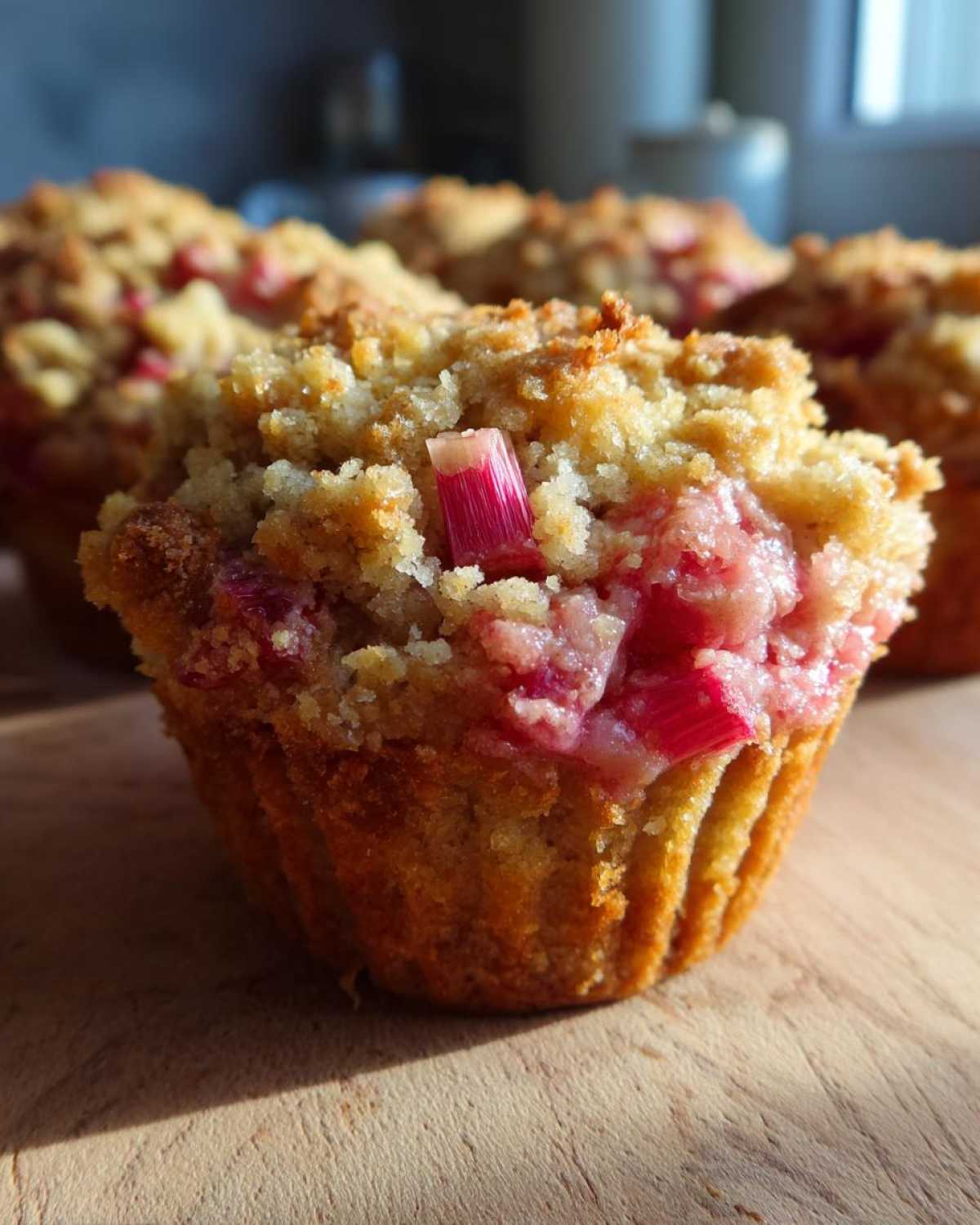 Zbliżenie na jedną z muffinek z rabarbarem i kruszonką, widoczne kawałki różowego rabarbaru i chrupiąca posypka.