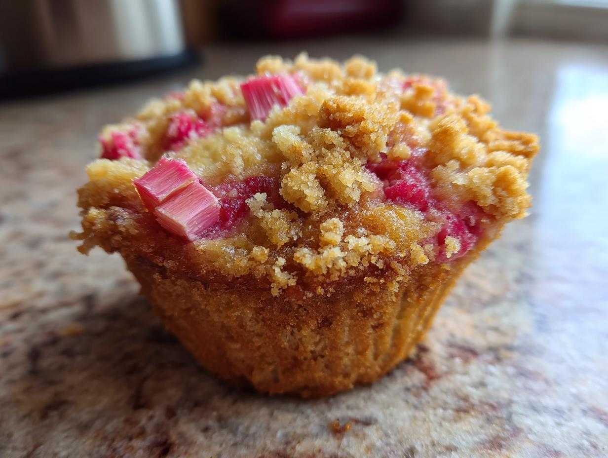 Zbliżenie na jedną, świeżo upieczoną muffinkę z rabarbarem i kruszonką, widoczne kawałki różowego rabarbaru.
