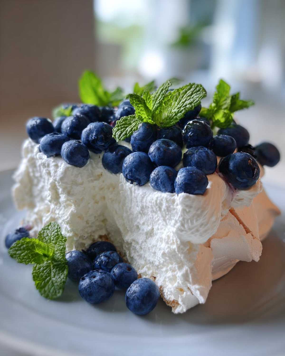 Zbliżenie na kawałek Pavlova z jagodami i miętą, z puszystą bitą śmietaną na chrupiącej bezie.