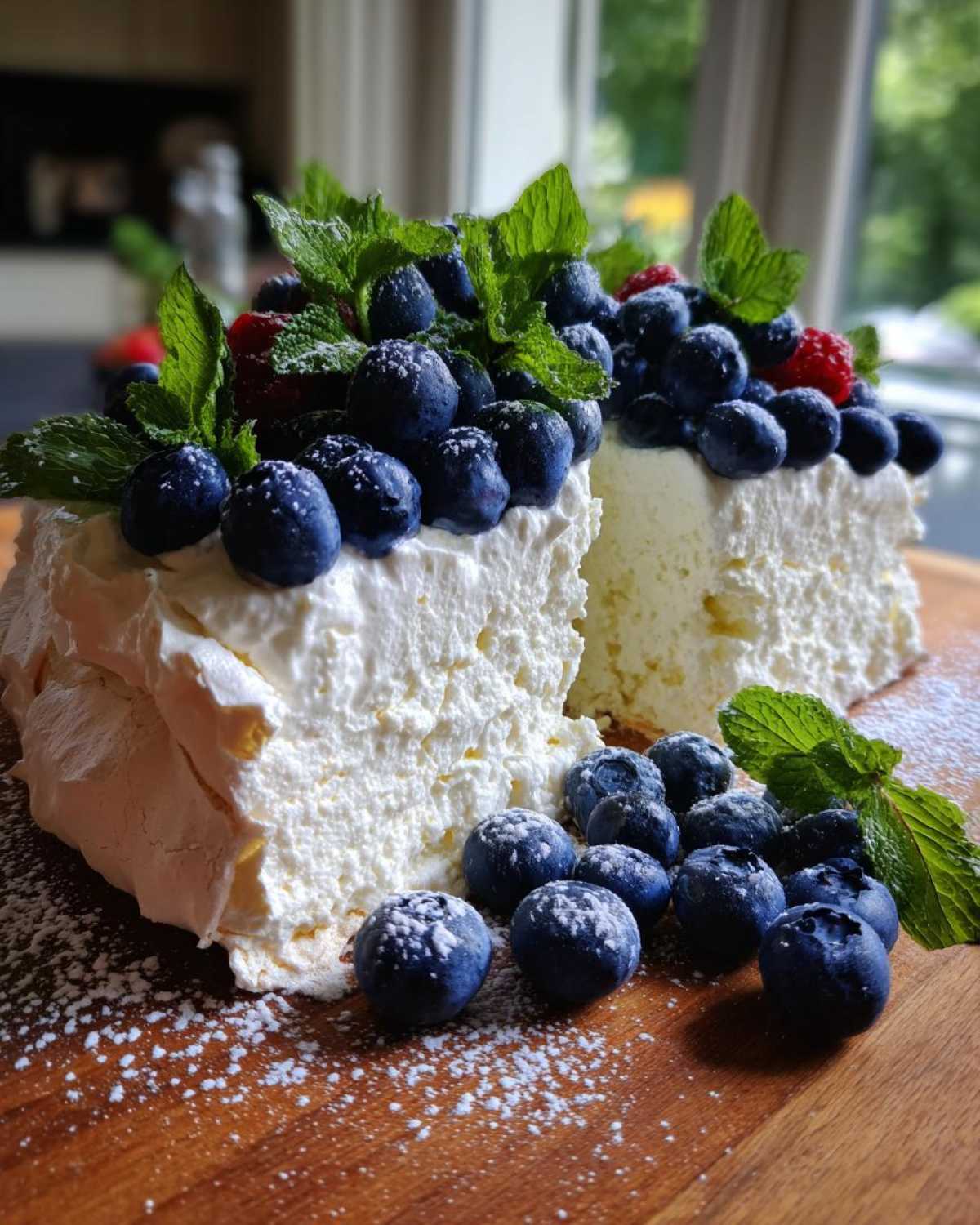 Przekrojona Pavlova z jagodami i miętą, obficie udekorowana bitą śmietaną i cukrem pudrem.