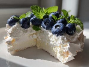 Przekrojona Pavlova z jagodami i miętą, widoczna puszysta beza i bita śmietana.