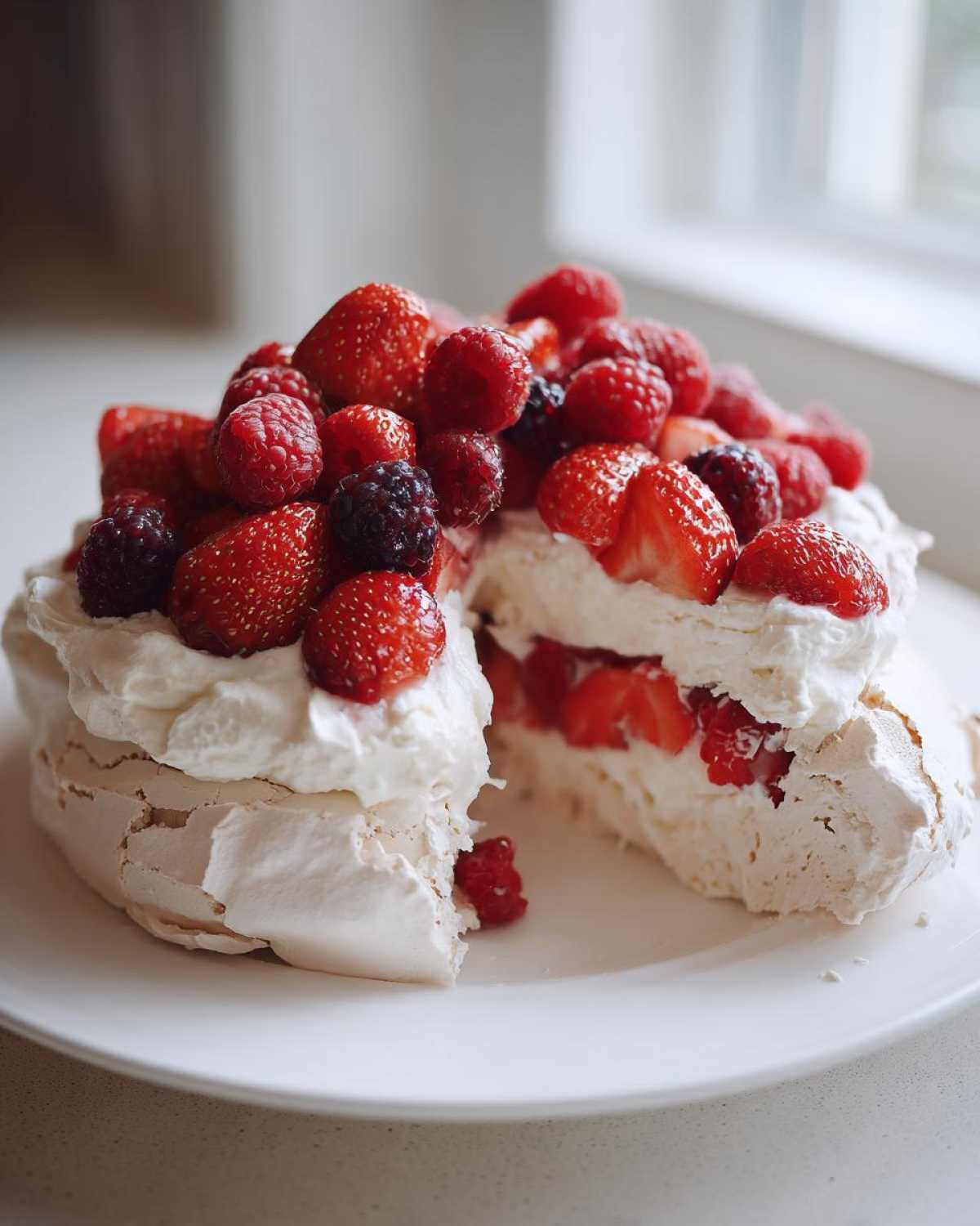 Przekrojona Pavlova z owocami jagodowymi, bitą śmietaną i chrupiącą bezą na białym talerzu.