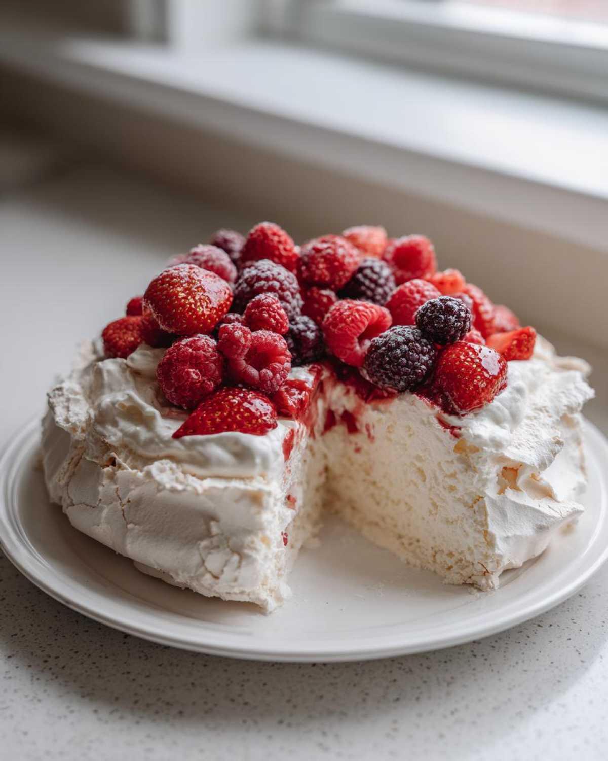 Kremowa Pavlova z owocami jagodowymi, z wyciętym kawałkiem, ukazującym wnętrze bezy i bitą śmietanę.