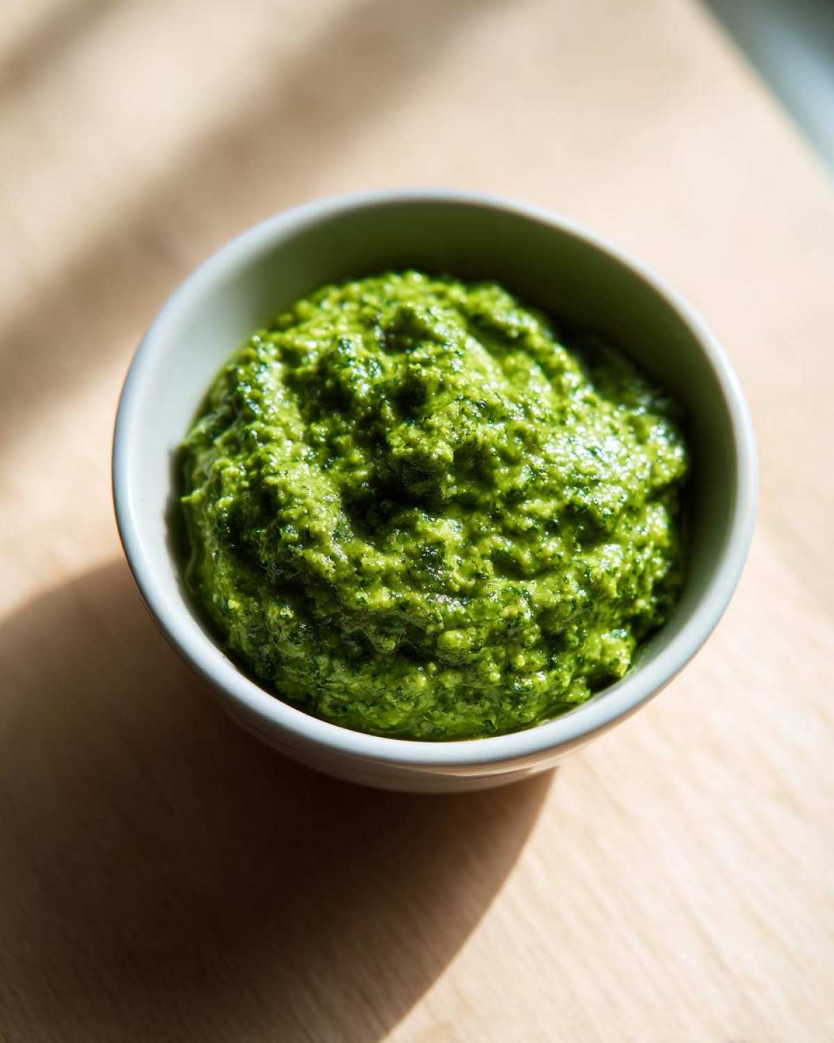Gęste, intensywnie zielone Pesto z bobu z miętą i cytryną w małej, jasnej miseczce.