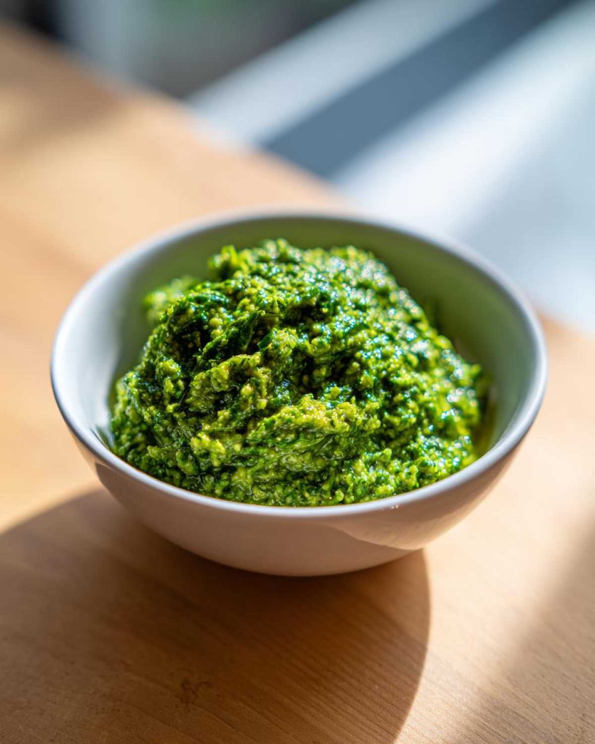 Gęste, intensywnie zielone Pesto z bobu z miętą i cytryną podane w małej, jasnej miseczce na drewnianym blacie.