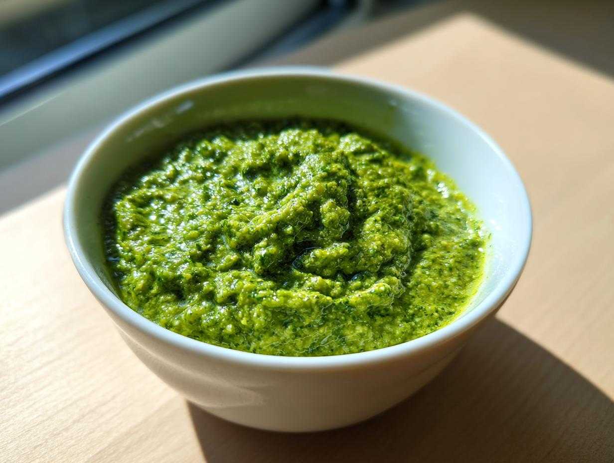Gęste, intensywnie zielone Pesto z bobu z miętą i cytryną w białej miseczce.