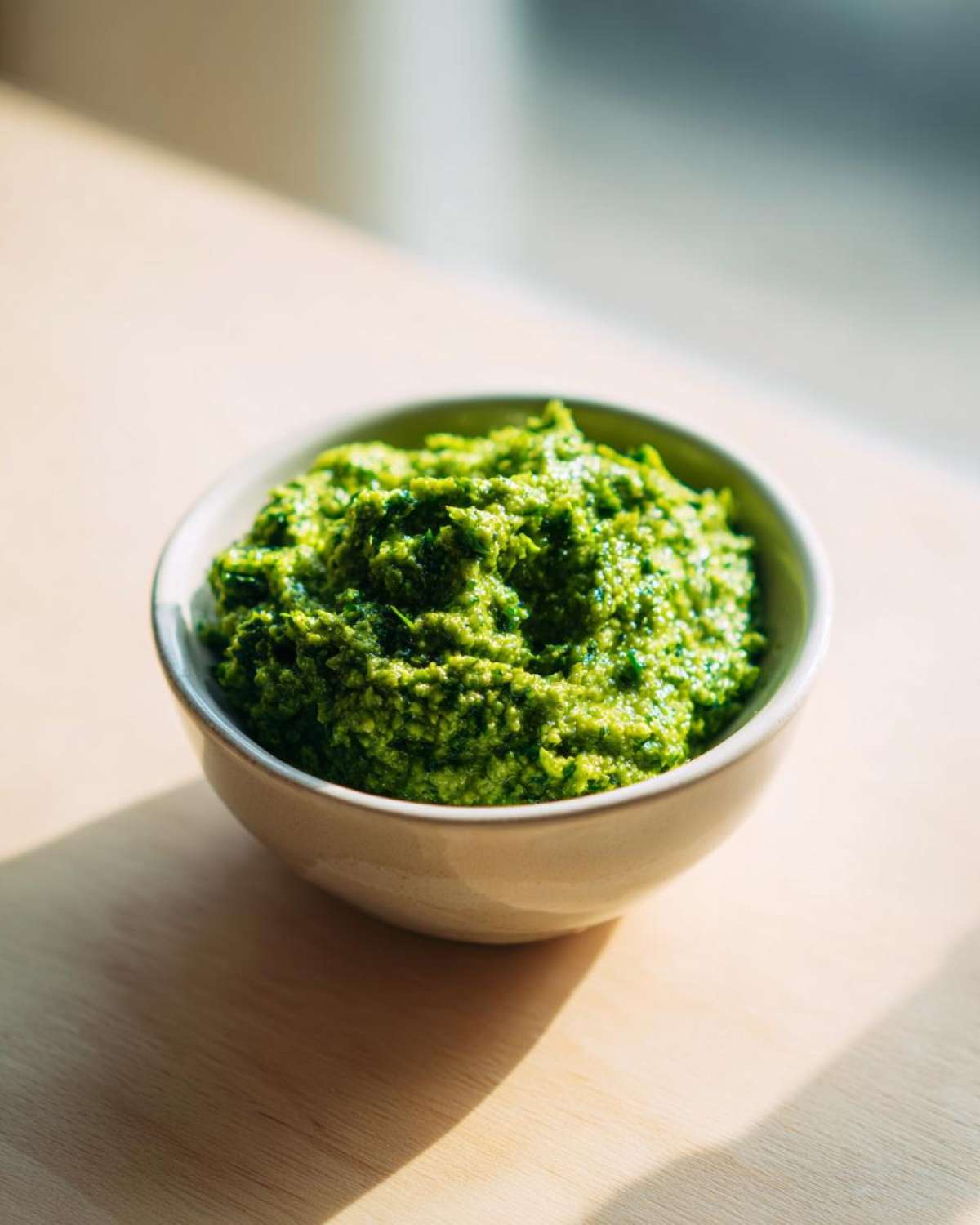 Gęste, intensywnie zielone Pesto z bobu z miętą i cytryną w małej, jasnej miseczce.