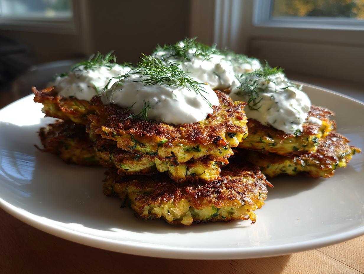 Stos chrupiących placków z cukinii polanych sosem tzatziki i udekorowanych koperkiem.