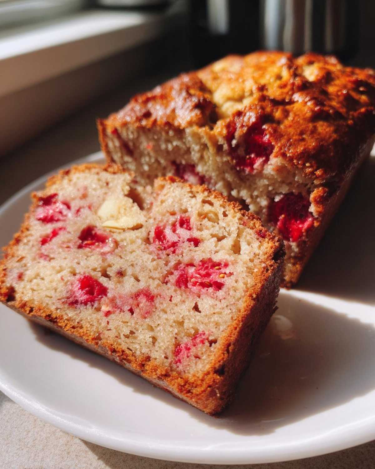 Przekrój wilgotnego chlebka bananowego z truskawkami i kawałkami jabłka na białym talerzu.
