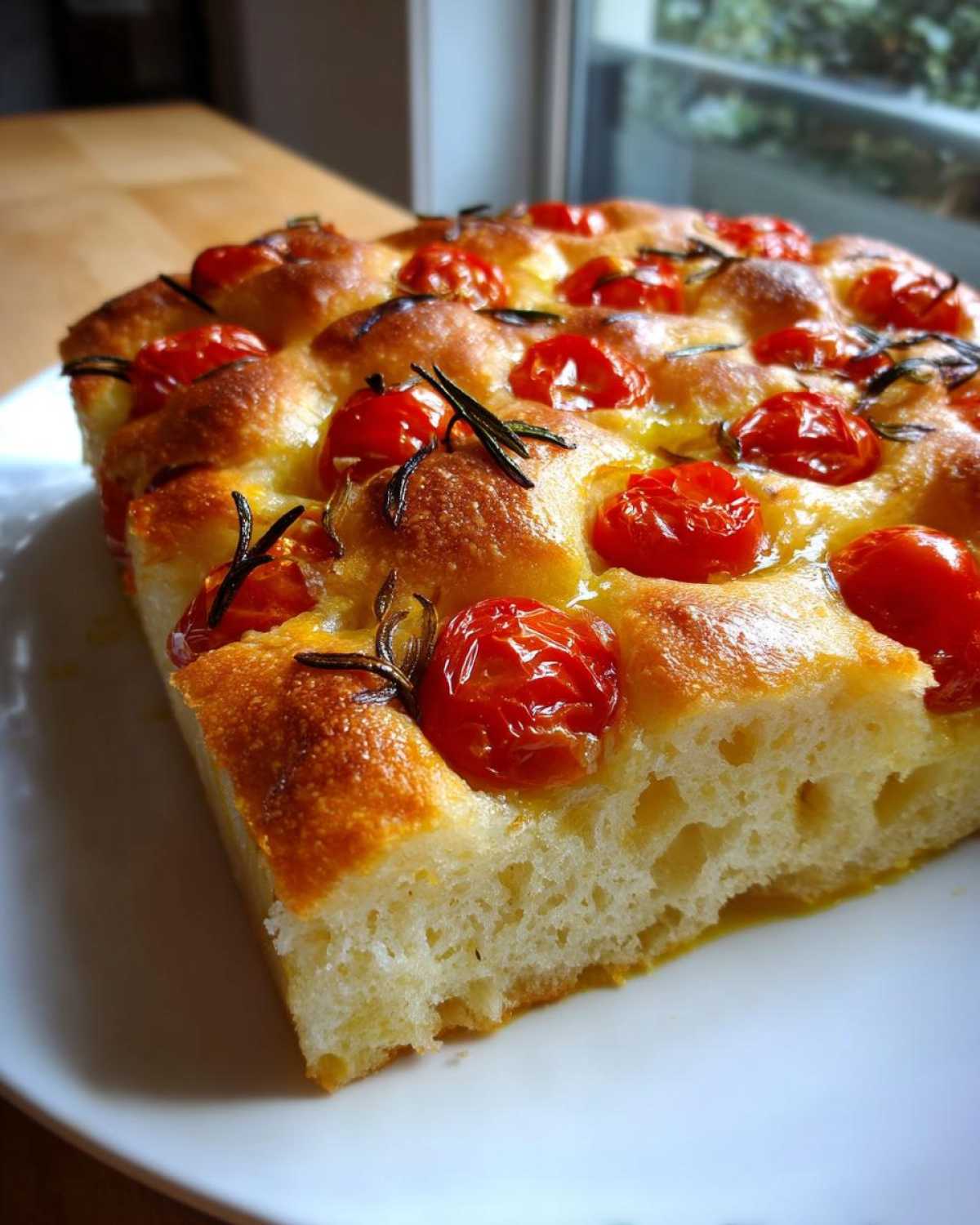 Kawałek puszystej Foccacia z pomidorkami i rozmarynem na białym talerzu, widoczne bąbelki powietrza w cieście.