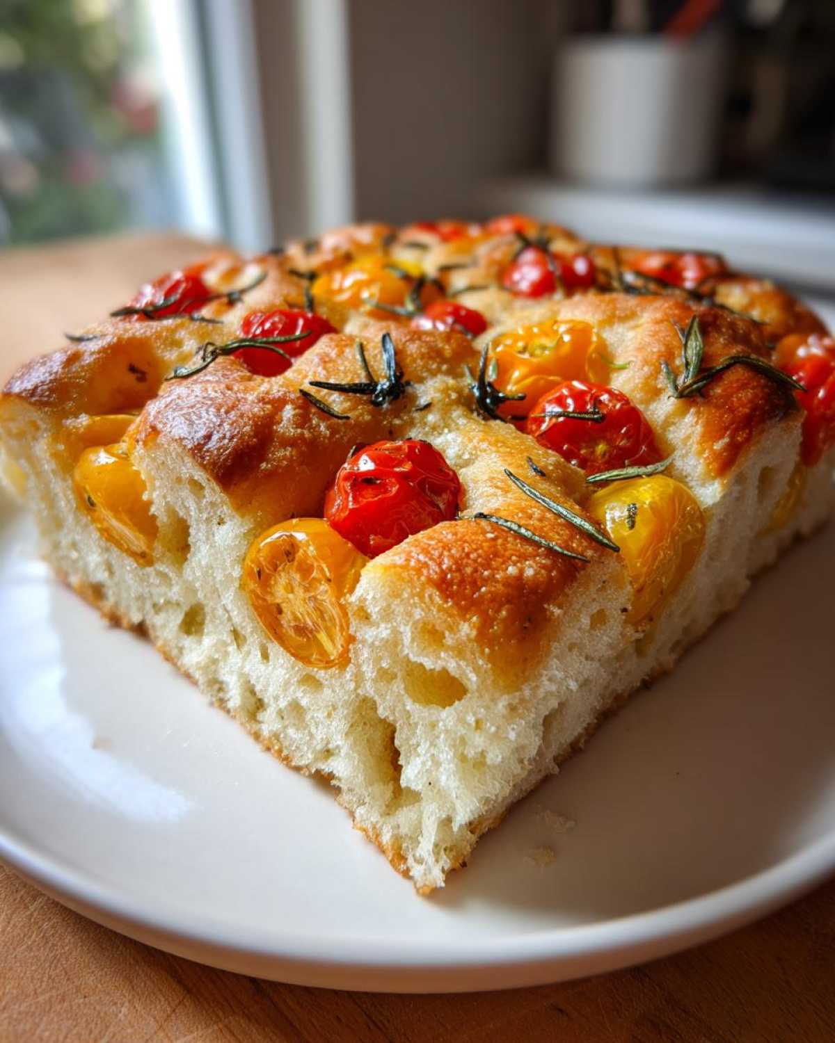 Zbliżenie na puszysty kawałek Foccacia z pomidorkami i rozmarynem na białym talerzu.