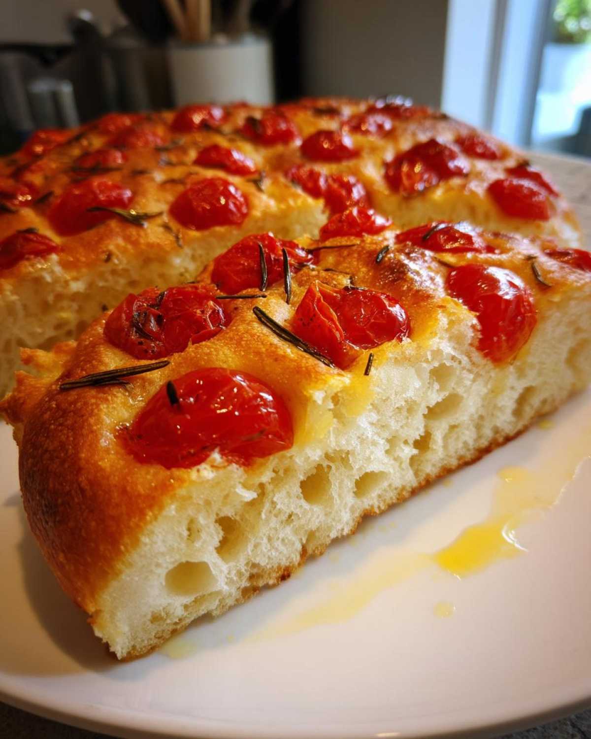 Przekrój puszystej Foccacia z pomidorkami i rozmarynem na białym talerzu, widoczna struktura ciasta.
