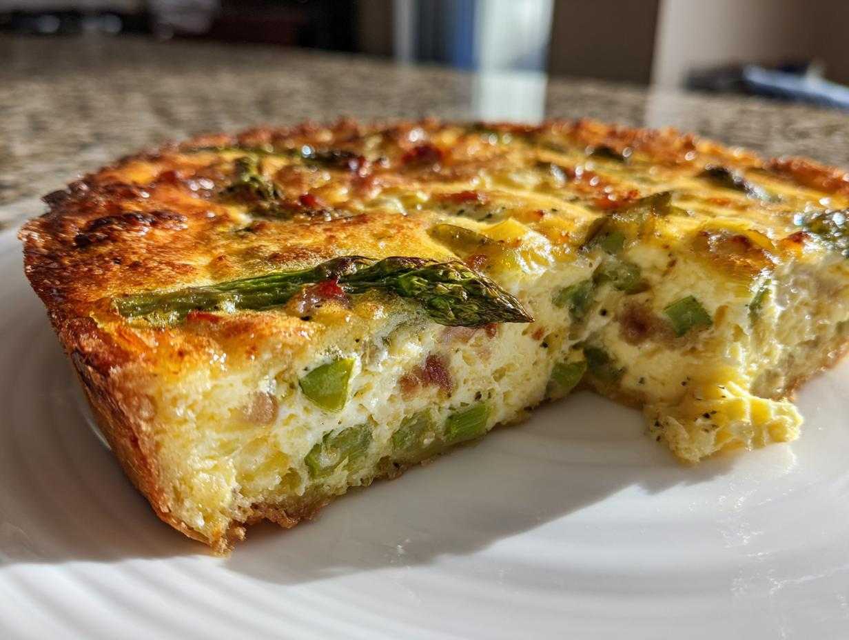 Przekrój apetycznego Quiche ze szparagami i boczkiem, widoczne kawałki szparagów i jajeczny środek.