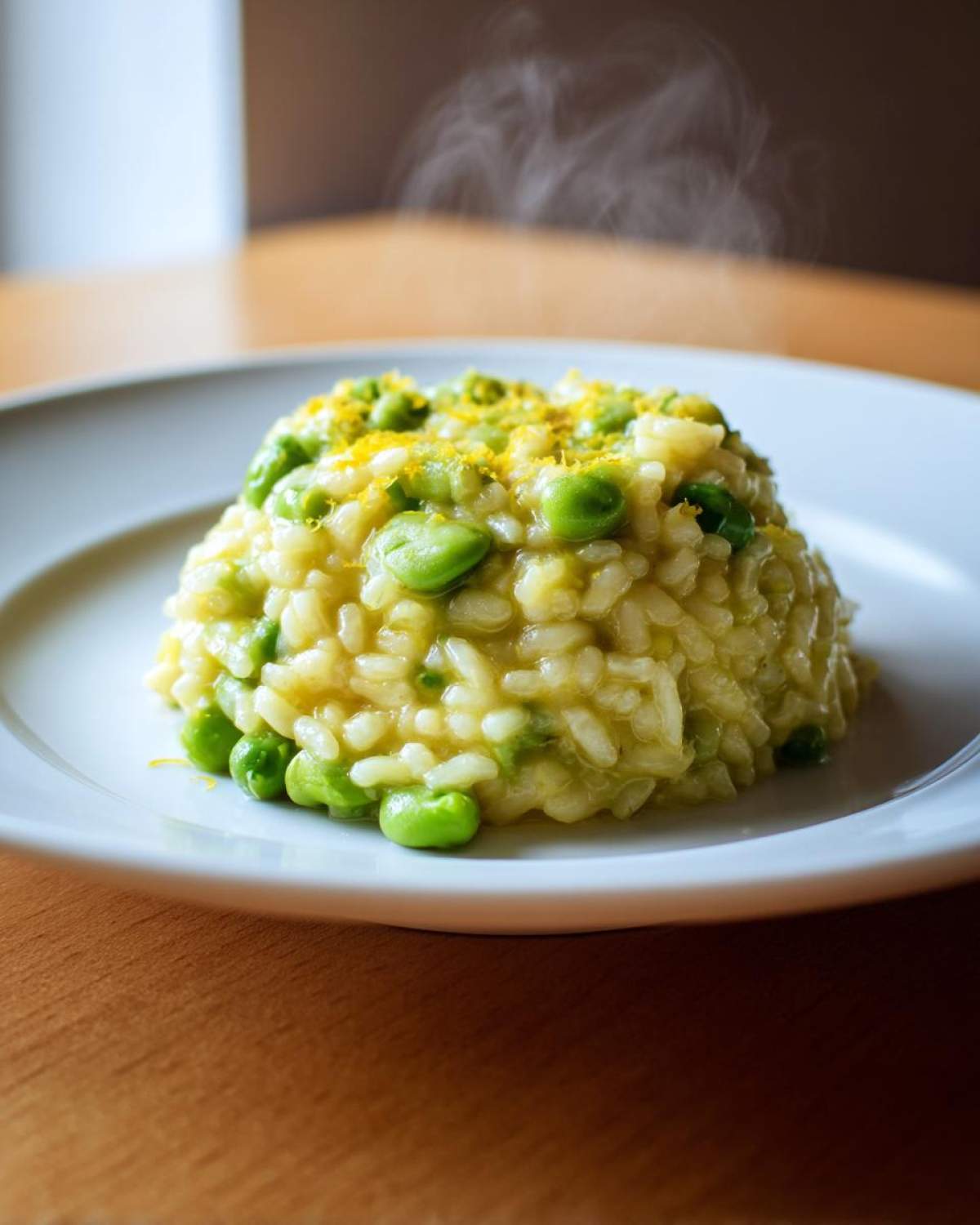 Porcja gorącego Risotto z bobem i cytryną, posypana skórką z cytryny, parująca na białym talerzu.